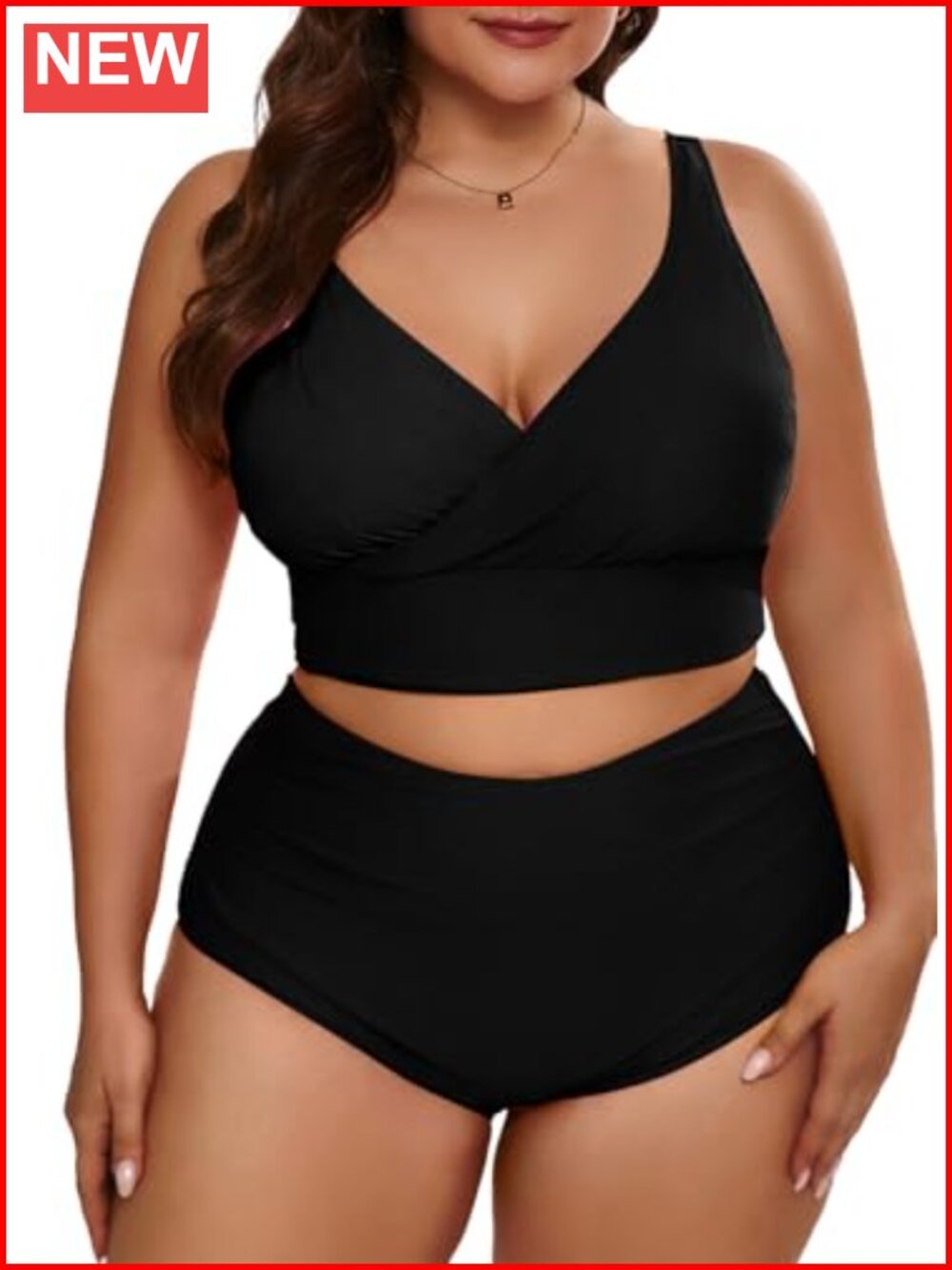 Plus Size High Waisted Bikini Set V Neck Two Piece Swimwear Color Block Bathing